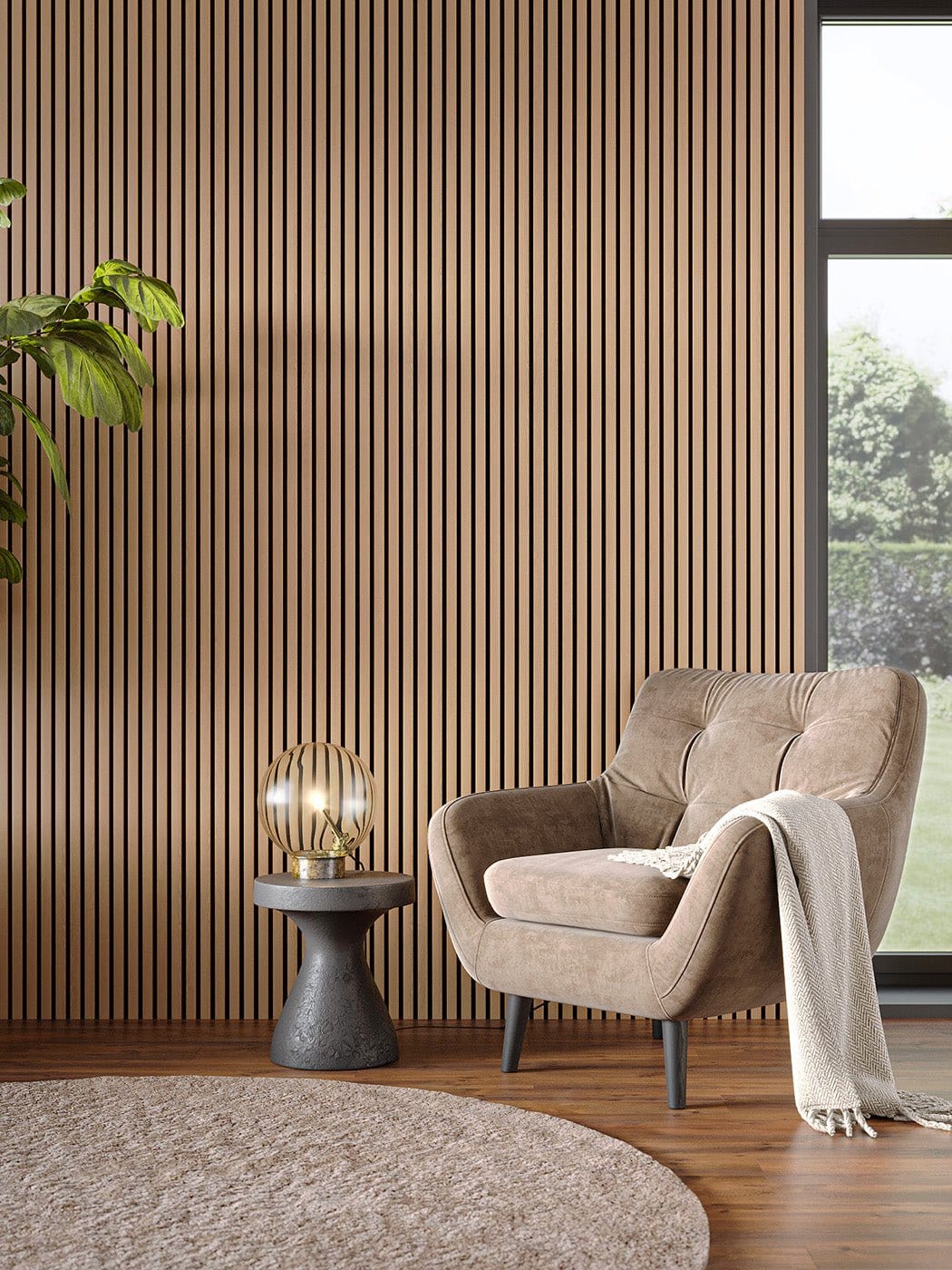 Oak slat wood wall panels in living room with armchair